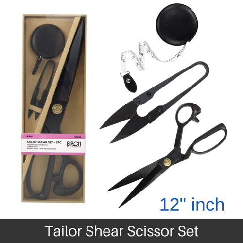 BIRCH Tailors Scissor Shears Set 3 Piece Set With Retractable Tape Measure & Thread Snips 304mm (12"Inch) - 018025