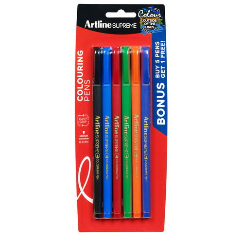 Artline Supreme Fineliner 0.6mm Felt Tip Pen Assorted Colours - 6 Pack