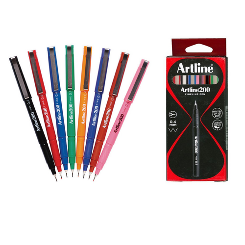 Artline 200 Marker 0.4mm Fineliner Felt Tip Pen ASSORTED COLOURS - 12 Pack