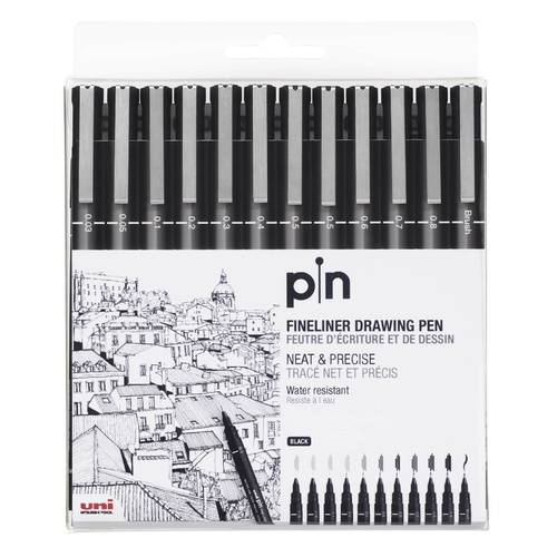 12 x Uni Ball Pin Drawing Pen Fineliner Ultra Smooth Flow Assorted Sizes - Black