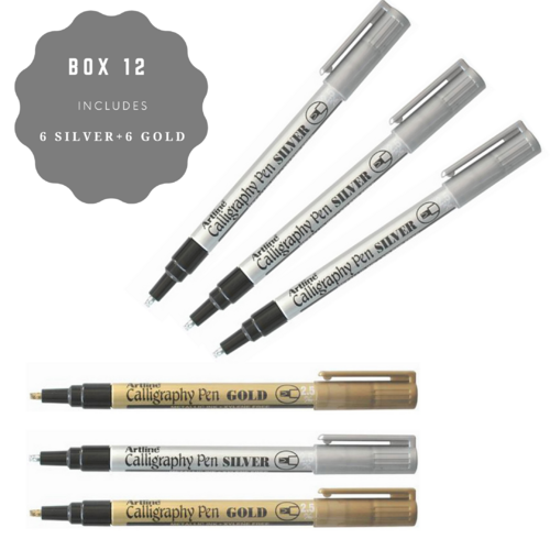 Artline Calligraphy 993 Waterproof Permanent Marker Pen 2.5mm 6 x Gold + 6 x Silver - 12 Pack