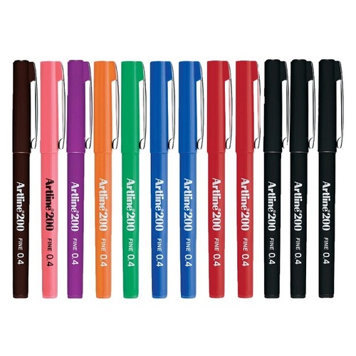 Artline 200 Fineliner Pen Marker, Fine 0.4mm Assorted Colours - 12 Pack
