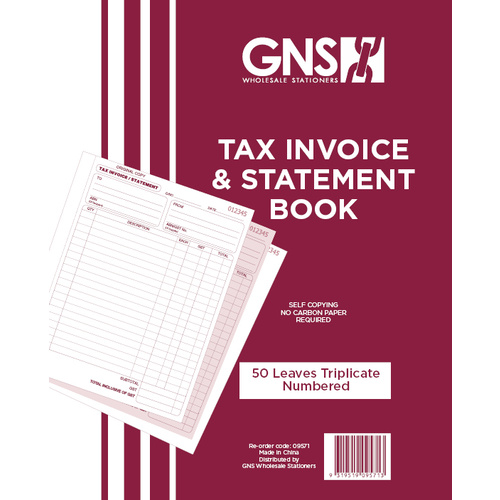 1 x GNS 9571 Tax Invoice & Statement Book 10" X 8" Triplicate Carbonless 50 Leaf