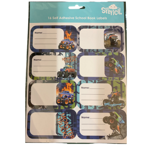 Spencil Name and Subject Labels 43 x 75mm 16 Pack - Monster Trucks