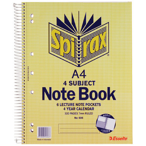 Spirax 606 A4 Spiral 4 Subject Book, Notebook, Notepad Side Opening 320 Pages - 5 Pack