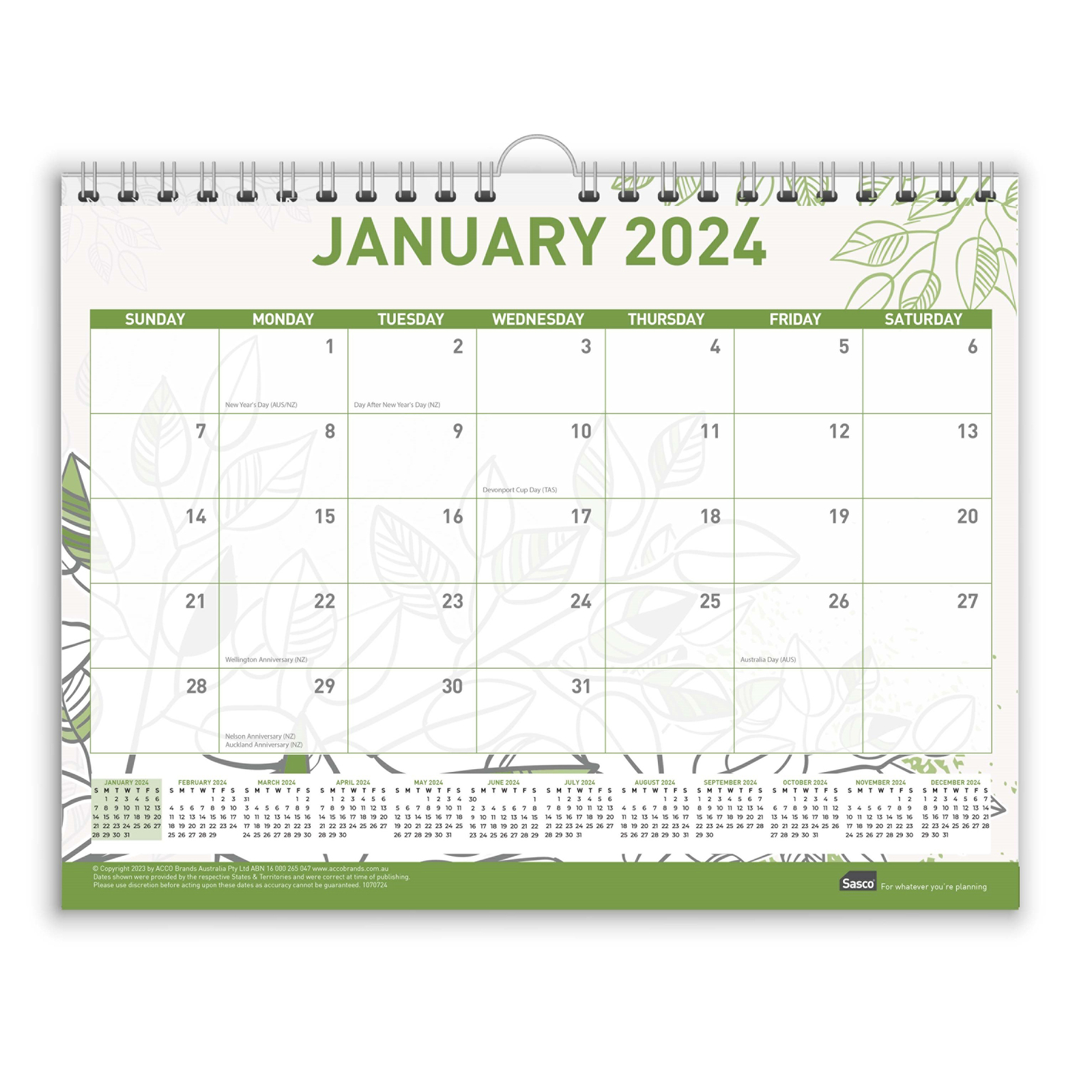 Sasco 2024 Wall Calendar GREEN 1070724 380x300mm