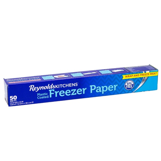 Reynolds Freezer Paper 50 38.1cm wide x 12.1 metre roll in box. Plastic coated.