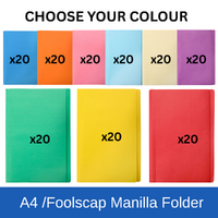 Marbig Manilla Folder Foolscap & A4 130gsm Board 20 PACK  - CHOOSE YOUR COLOUR