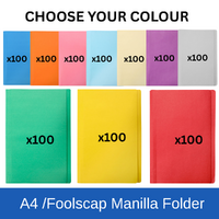 Marbig Manilla Folder Foolscap & A4 130gsm Board 100 PACK  - CHOOSE YOUR COLOUR