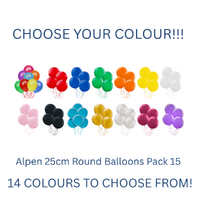 Alpen 25cm Round Balloons 15 Pack - CHOOSE YOUR COLOUR!!