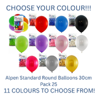 Alpen Standard Round Balloons 30cm Pack 25 - CHOOSE YOUR COLOUR!!