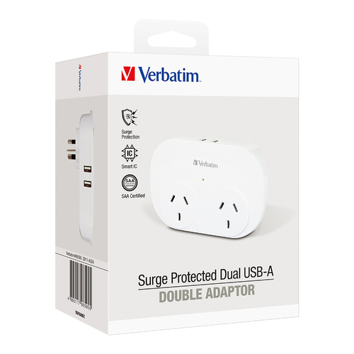 Verbatim Dual USB-A Surge Protected Double Adapter White - 66595
