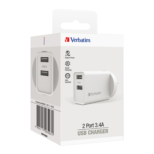 Verbatim USB Charger Dual Port 3.4A Wall Charger White - 66593