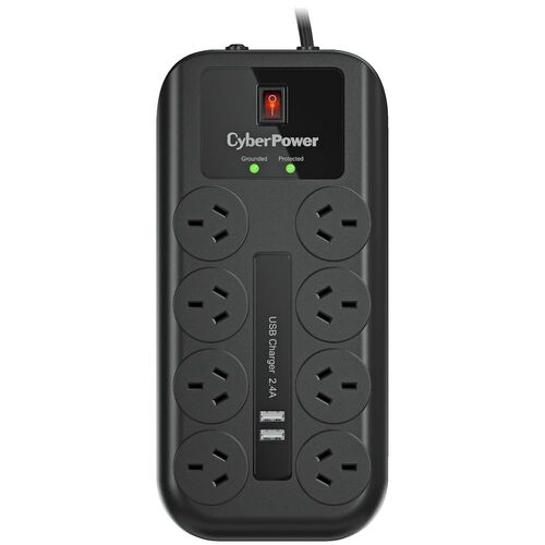 CyberPower 8 Way Outlet Surge Protector Power Board with 2x USB Port Charging