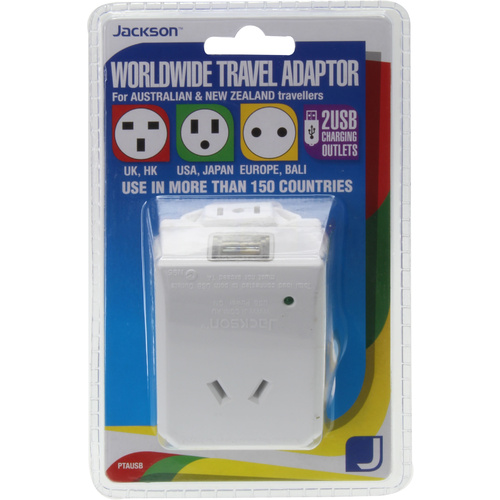 Jacksons Universal Travel Adaptor with USB Charging Outlets - Suits most countries