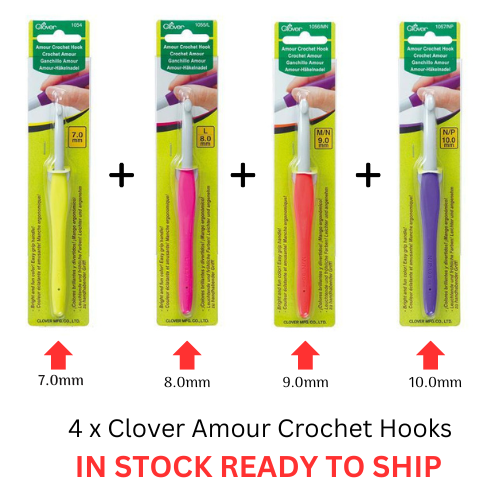 4 x Clover Amour Crochet Hooks Ergonomic Grip - 7.0, 8.0, 9.0, 10.0 mm