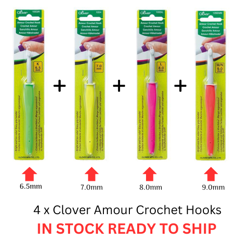 4 x Clover Amour Crochet Hooks Ergonomic Grip - 6.5, 7.0, 8.0, 9.0 mm