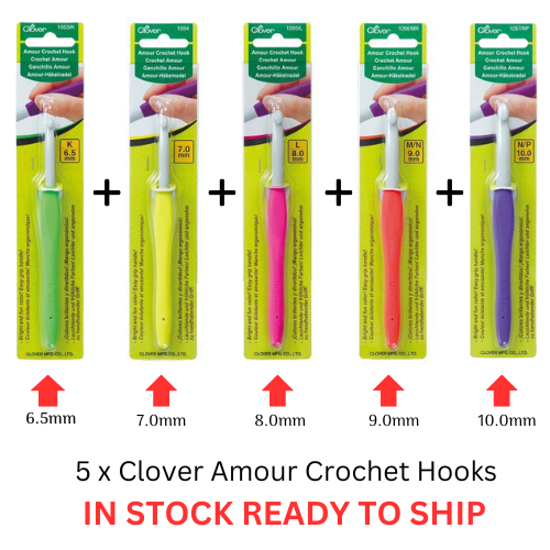 5 x Clover Amour Crochet Hooks Ergonomic Grip - 6.5, 7.0, 8.0, 9.0, 10mm