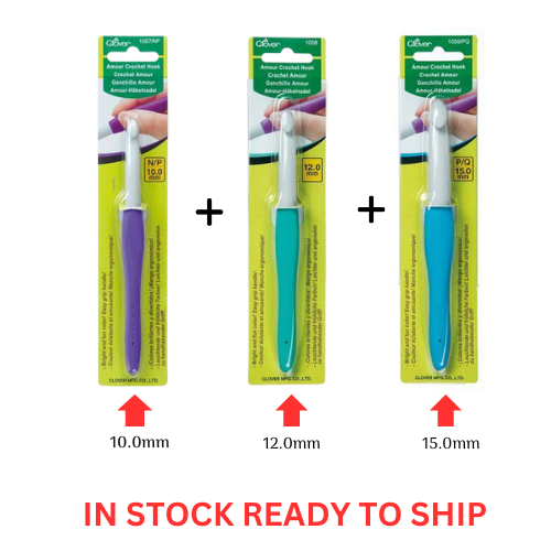 3 x Clover Amour Crochet Hooks Ergonomic Grip - 10.0, 12.0, 15.0mm