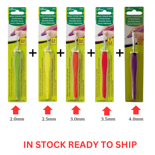 5 x Clover Amour Crochet Hooks Ergonomic Grip - 2.0, 2.5, 3.0, 3.5, 4.0mm