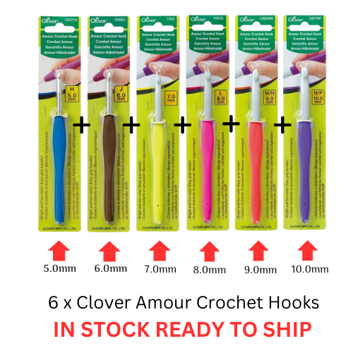 6 x Clover Amour Crochet Hooks Ergonomic Grip - 5.0, 6.0, 7.0, 8.0, 9.0, 10mm