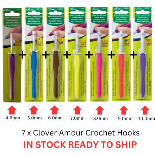 7 x Clover Amour Crochet Hooks Ergonomic Grip - 4.0, 5.0, 6.0, 7.0, 8.0, 9.0, 10mm