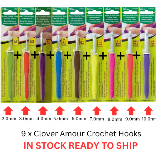 9 x Clover Amour Crochet Hooks Ergonomic Grip - 2.0, 3.0, 4.0, 5.0, 6.0, 7.0, 8.0, 9.0, 10mm