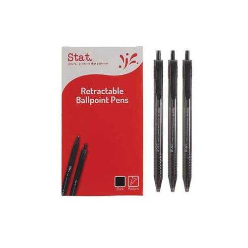 Stat Medium Ballpoint Pen Retractable 1.0mm  Clear Barrel, Quick Dry BLACK - 12 Pack