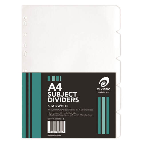 Cumberland A4 Tab Dividers 5 Tabs - White