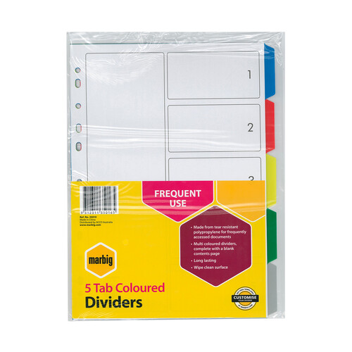 Marbig A4 5 Tab Dividers Polypropylene - Coloured Tabs 35010