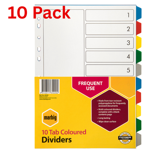 10 X Pack Marbig 10 Tab A4 Coloured Dividers 1-10 Polypropylene PP Muliti Colour - 35020