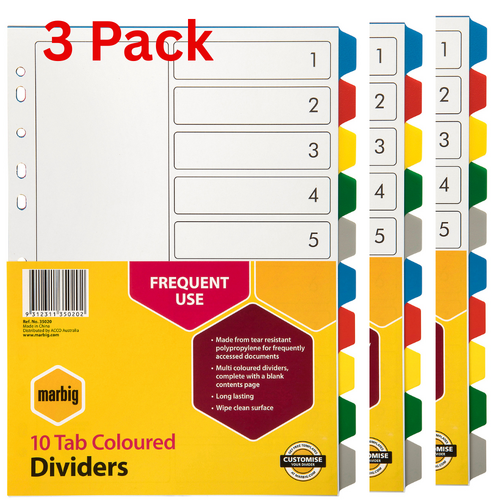  3 X Pack Marbig 10 Tab A4 Coloured Dividers 1-10 Polypropylene PP Muliti Colour - 35020