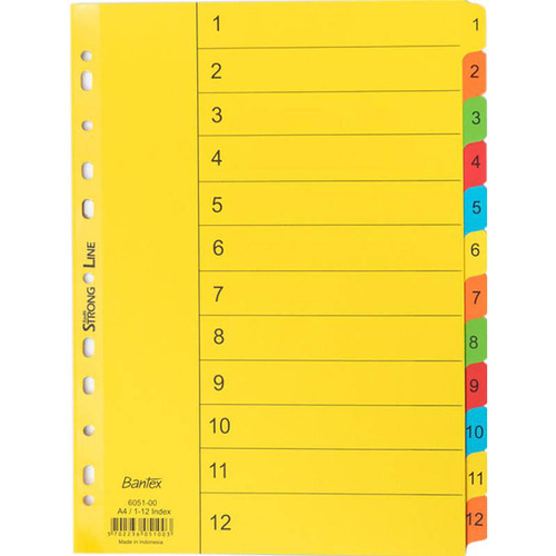 Bantex A4 1-12 Tab Dividers - Bright Coloured Tabs 6051