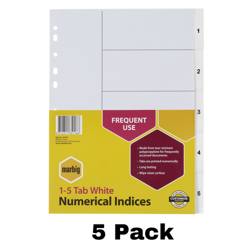 Marbig A4 1-5 Tab Dividers Polypropylene 5 Pack - White Tabs 35101