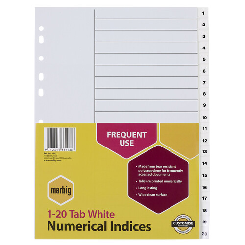 Marbig A4 1-20 Numerical Dividers Indices Tab Polypropylene - White Tabs 35131