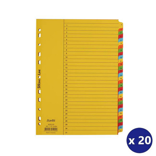 Bantex A4 1-31 Numerical Indices and Dividers Tab Dividers - Bright Coloured Tabs 6052