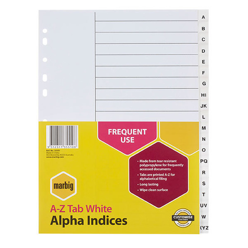 Marbig A4 A-Z Tab Dividers Polypropylene - White Tabs 35051