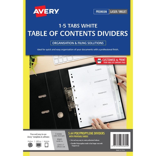Avery A4 1-5 Tabs Dividers Polypropylene L7411-5M - White Tabs 85605