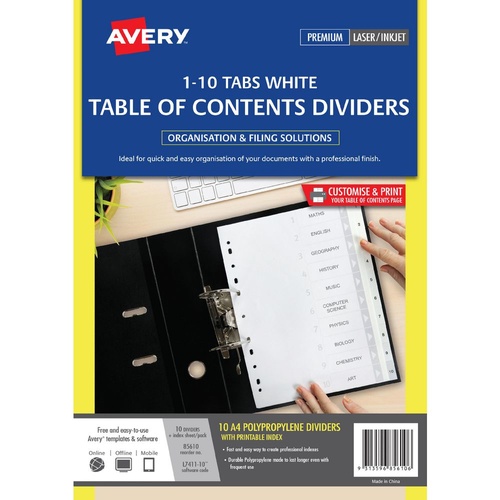 Avery A4 1-10 Tabs Dividers Polypropylene L7411-10M - White Tabs 85610