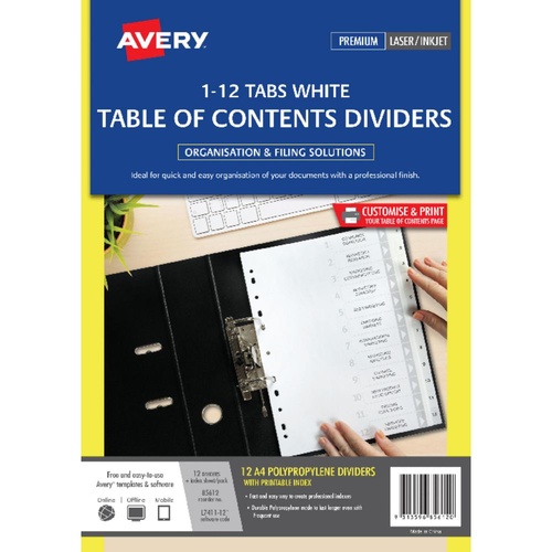 Avery A4 1-12 Tabs Dividers Polypropylene L7411-12M - White Tabs 85612