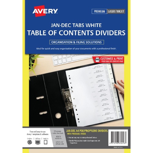 Avery Jan-Dec Tabs Dividers Polypropylene L7411-12M - White Tabs 85613