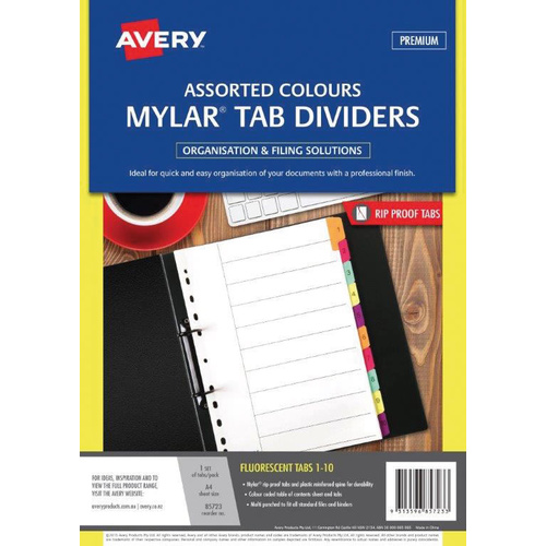 Avery A4 1-10 Tabs Dividers Manilla White Myler Reinforced - Fluoro Coloured Tabs 85723
