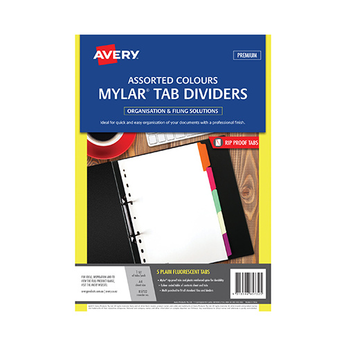 Avery A4 5 Tabs Dividers Manilla White Myler Reinforced - Fluoro Coloured Tabs 85732