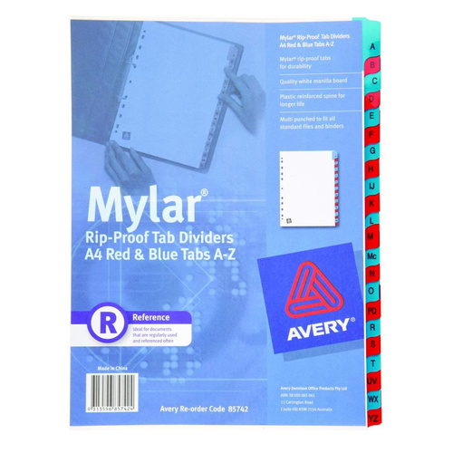 Avery A4 A-Z Tabs Dividers White Myler Reinforced - Blue & Red Coloured Tabs 85742