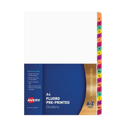 Avery A4 A-Z Tabs Dividers White Myler Reinforced - Fluoro Coloured Tabs 85743