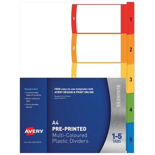 Avery A4 1-5 Tabs Dividers Ready Index Table Of Contents L7411-5 - Coloured Tabs 920145
