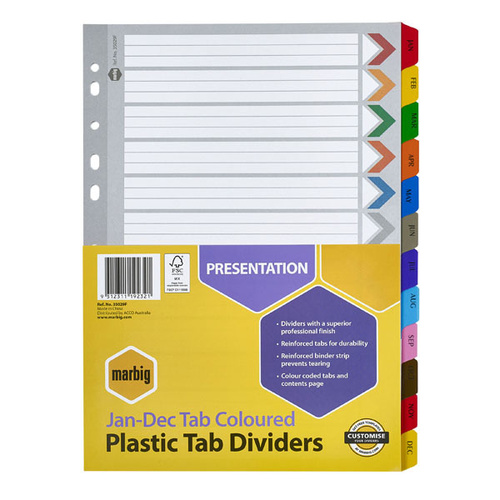 Marbig A4 Jan-Dec Tabs Dividers Manilla Reinforced - Coloured Tabs 35029F