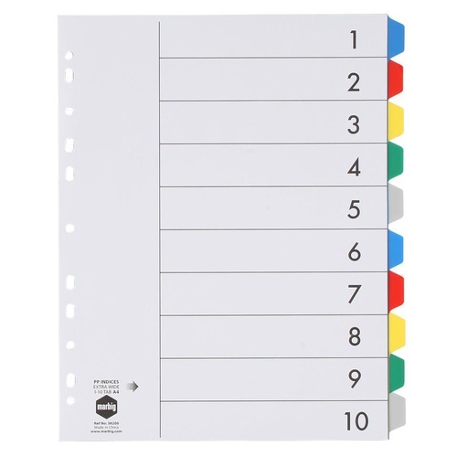Marbig A4 10 Tabs Dividers PVC Extra Wide - Coloured Tabs 36200