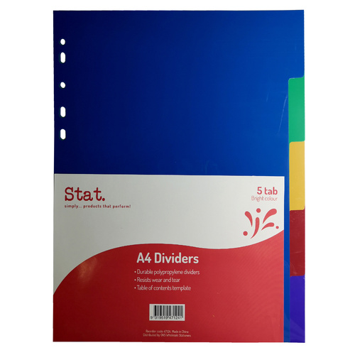 Stat A4 Dividers 5 Tabs Polypropylene - Coloured