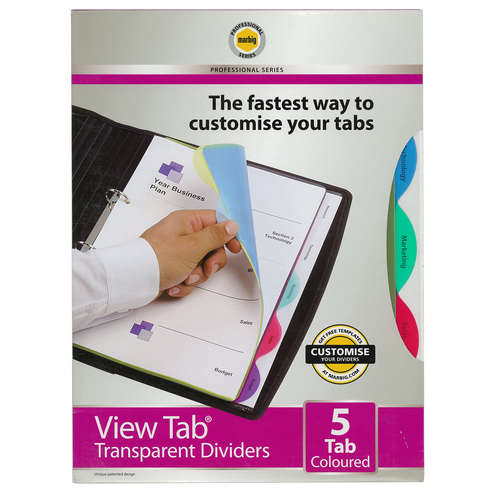 Marbig A4 5 Tabs Dividers Transparent View - Coloured Tabs 37835
